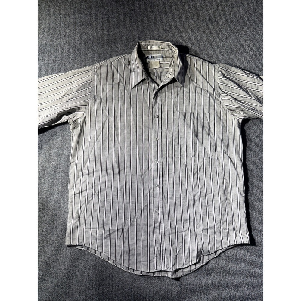 UNTIED Button Down Shirt Mens XL Grey Excellent Striped Short Sleeve Pocket‎